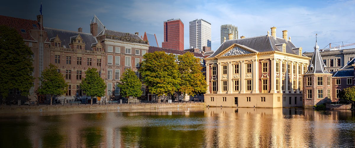 Dutch Parliament buildings by the water in The Hague, Netherlands.